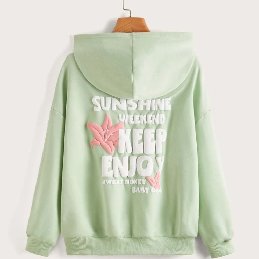SHEIN Teen Girls Floral & Letter Pattern Drop Shoulder Hoodie size USA 14Y